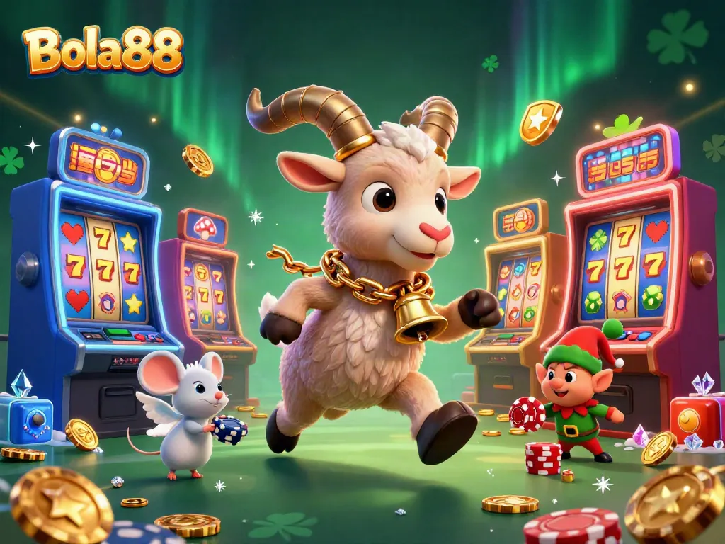 Bola88 brings excitement to the casino scene with a Krampus goat amid festive chaos and poker chip antics.