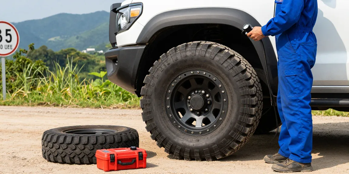 Rugged truck with Double Coin RR99 tires inspected by mechanic, showcasing durable construction for off-road performance.