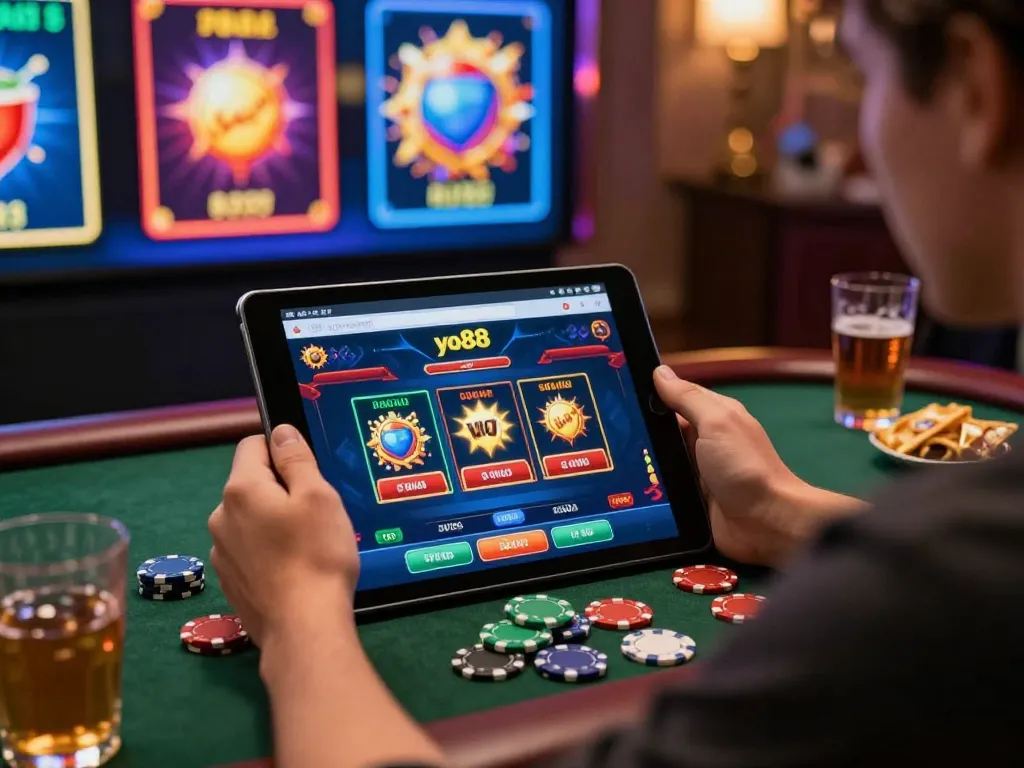 Engaging online gaming moment at yo88 with a player analyzing strategies on tablet amid inviting ambiance.