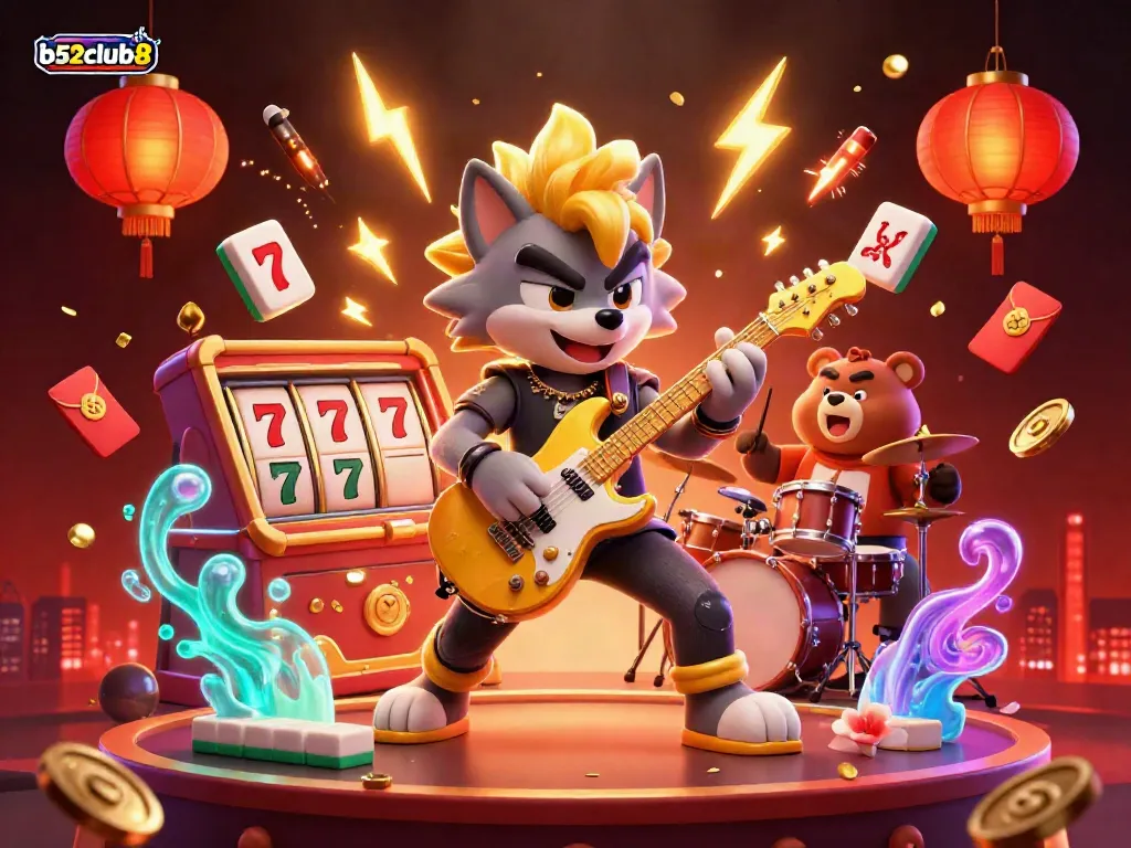 B52club8 elevates excitement with a dazzling 3D casino illustration of a wolf rock star and a bear drummer, amidst vibrant slot and jackpot elements.