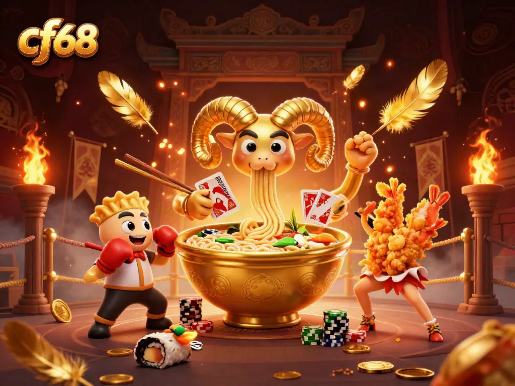 Engage in cf68 casino action with a golden ramen bowl dealer and sushi roll games.