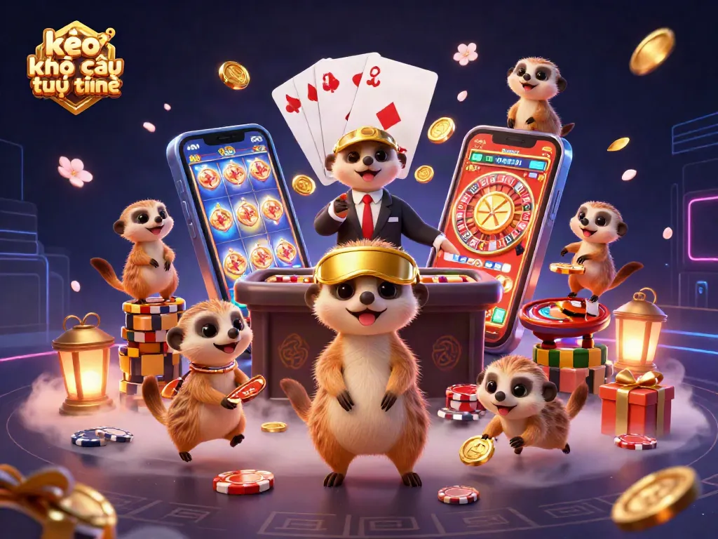 Experience kèo nhà cái trực tuyến excitement with meerkats managing a vibrant casino scene filled with games and treasures.