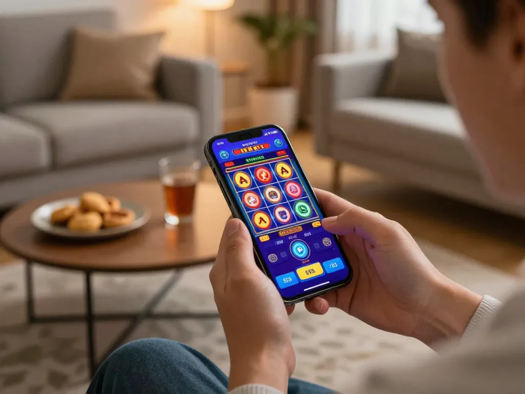 Bet168 user spins colorful slots on a mobile app in a cozy home setting.