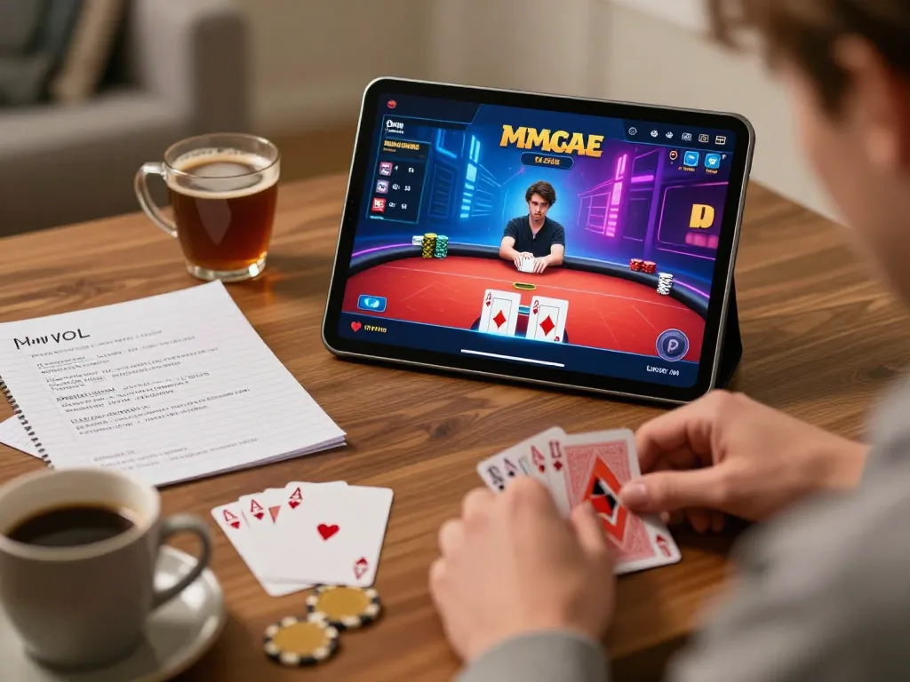 Player mastering online poker strategy with 9BET and smartphone in cozy home setting