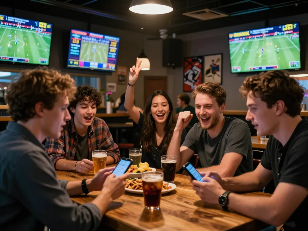 Engaged friends using smartphone for sports betting at lively venue showcasing five88