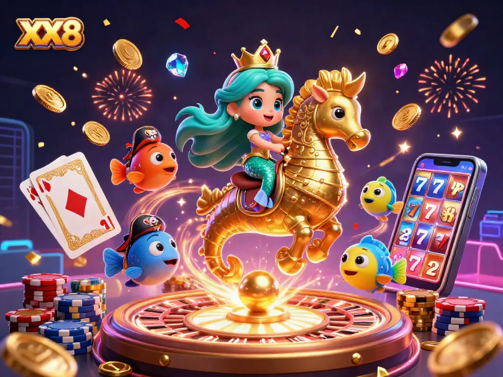 Engage with XX8's exciting world of gambling, showcasing vibrant casino elements and dynamic characters.