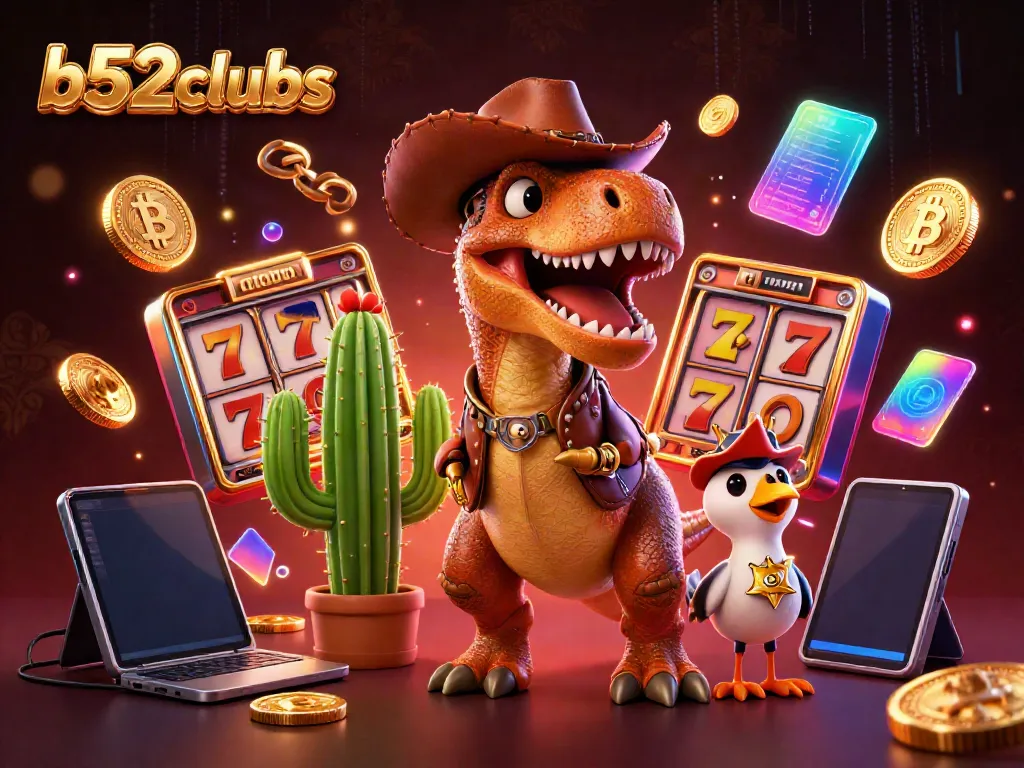 Engage with b52clubs' vibrant casino adventure featuring a cowboy dinosaur among slot games.
