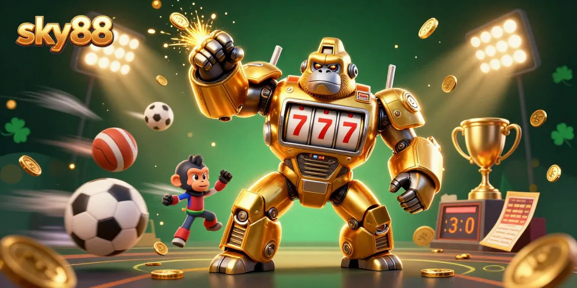 Experience thrills with sky88's golden gorilla mech, slot machines, and dynamic sports elements.