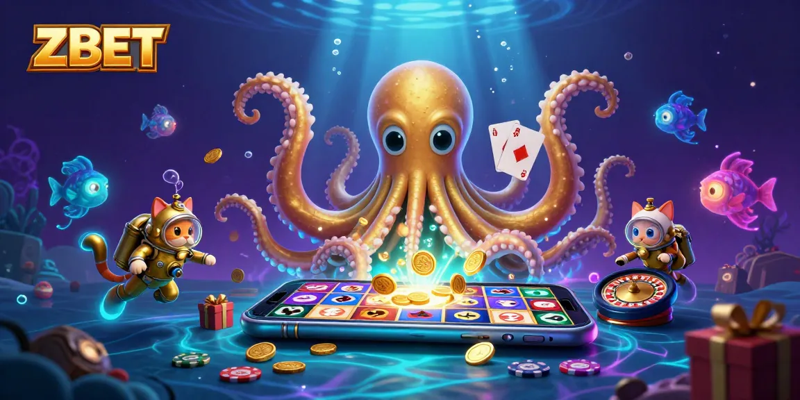 ZBET enhances your gaming experience with thrilling slots, featuring a kraken and diving cat in a treasure scene.