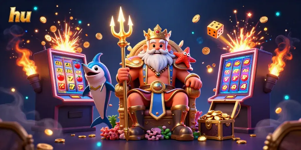 Experience the excitement of hu gaming with Neptune and jackpot elements in a vibrant 3D scene.