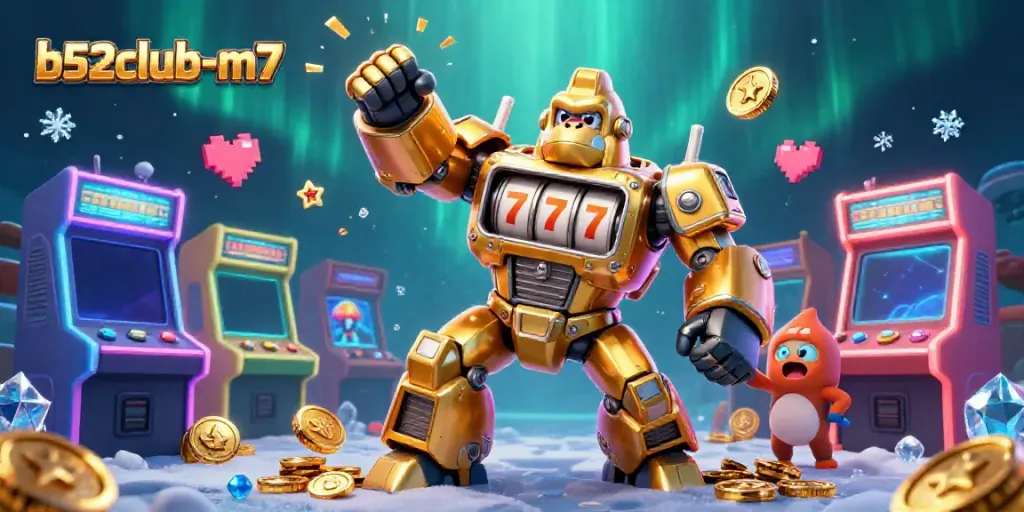 Engage in thrilling gameplay at b52club-m7 with the dynamic golden gorilla mech alongside vibrant gaming elements.