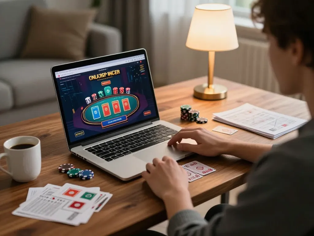 lu88 player engaging in online gaming with laptop showing casino interface and strategy notes