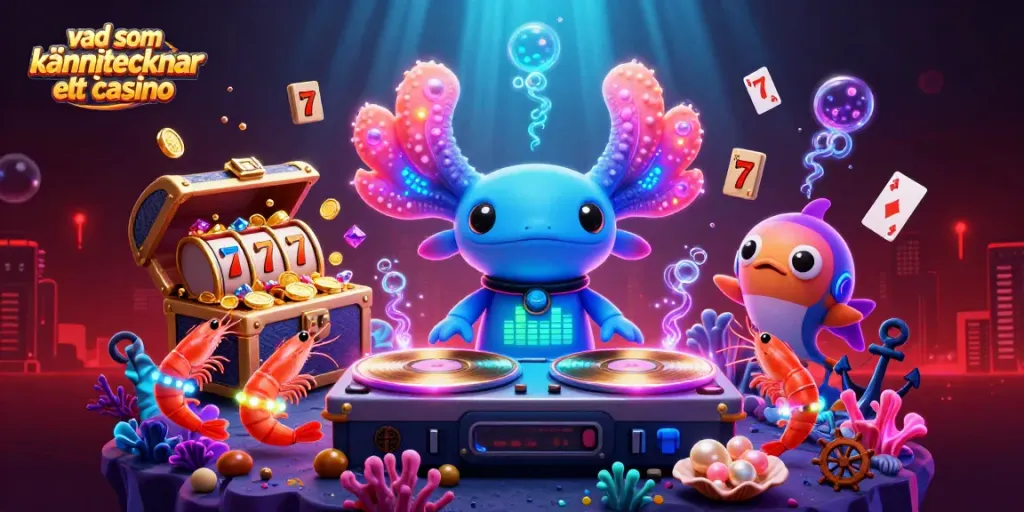 Illustration som visar vad som kännetecknar ett bra casino med en DJ, dansande kräftor och spelreels.
