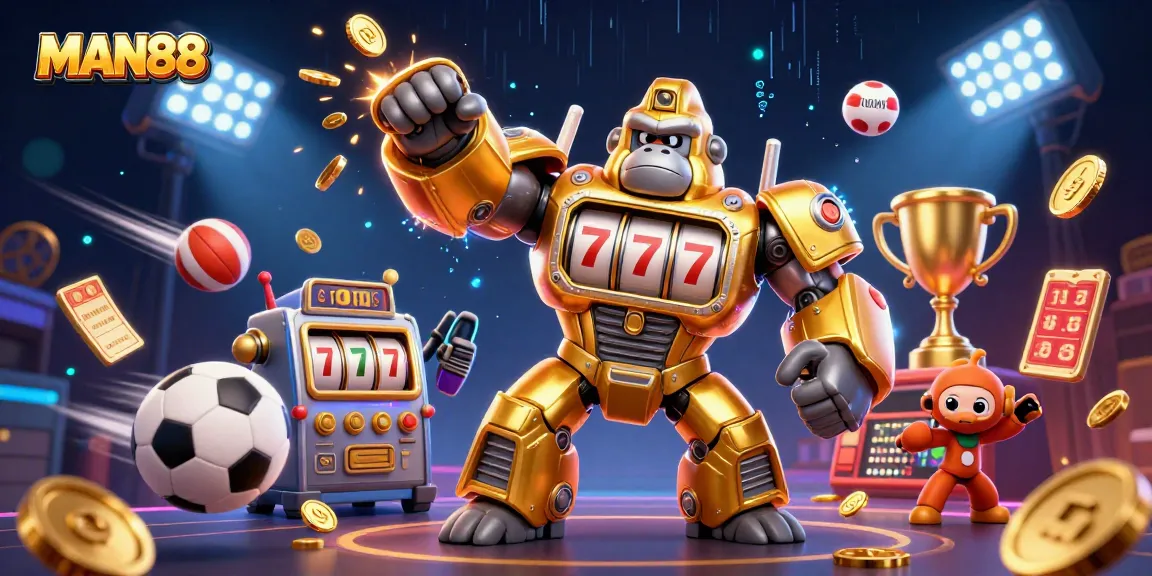 Win big at MAN88 with an ultra-detailed 3D scene of dynamic gaming elements and characters.
