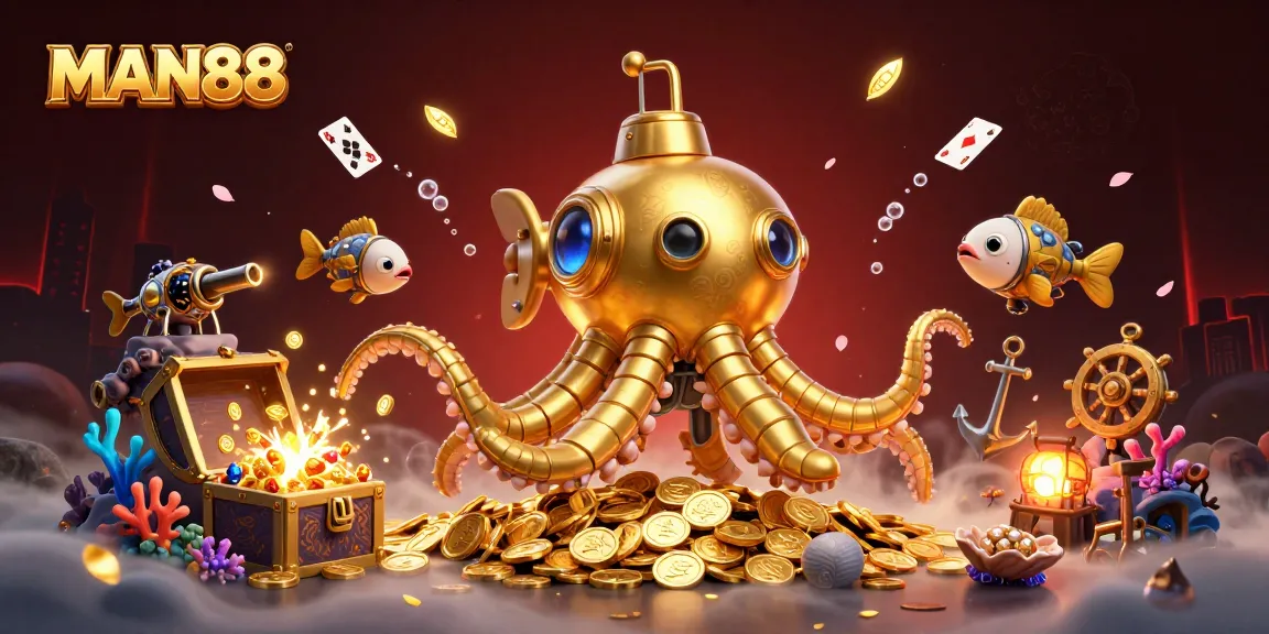 Experience the excitement of MAN88 with a vibrant 3D underwater casino adventure featuring a golden kraken and treasure.