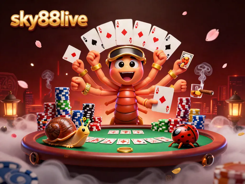 Enjoy a vibrant scene at sky88live with a millipede dealer, a snail high-roller, and a pill bug in a lively casino atmosphere.