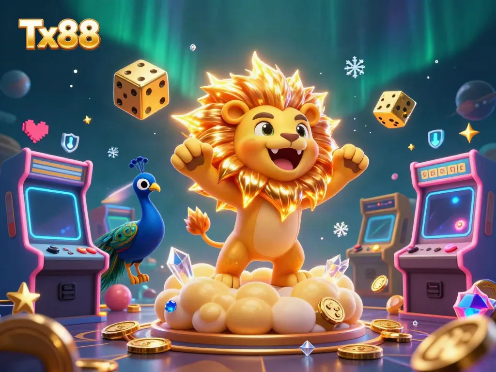 Experience Tx88's vibrant casino world featuring a roaring lion and dazzling game elements.