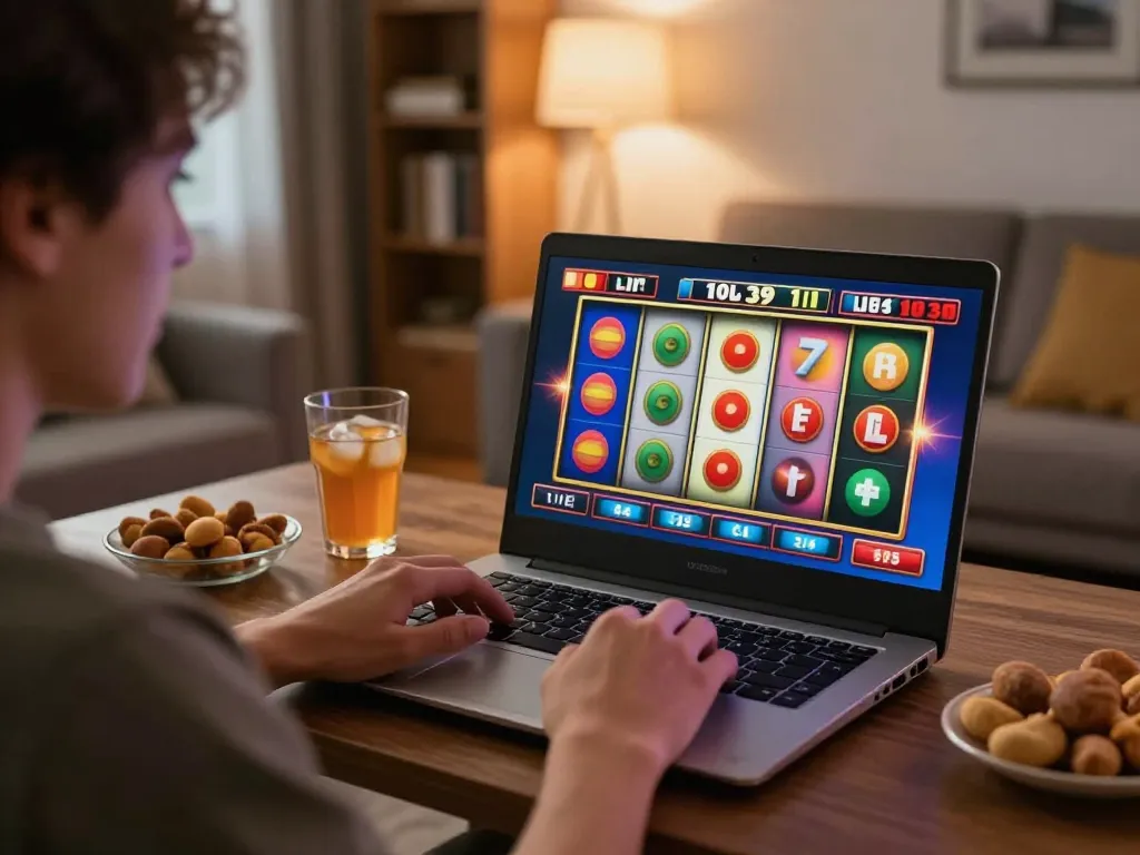 Engaged user playing live casino games on 98win9 laptop at home, showcasing vibrant slot reels.