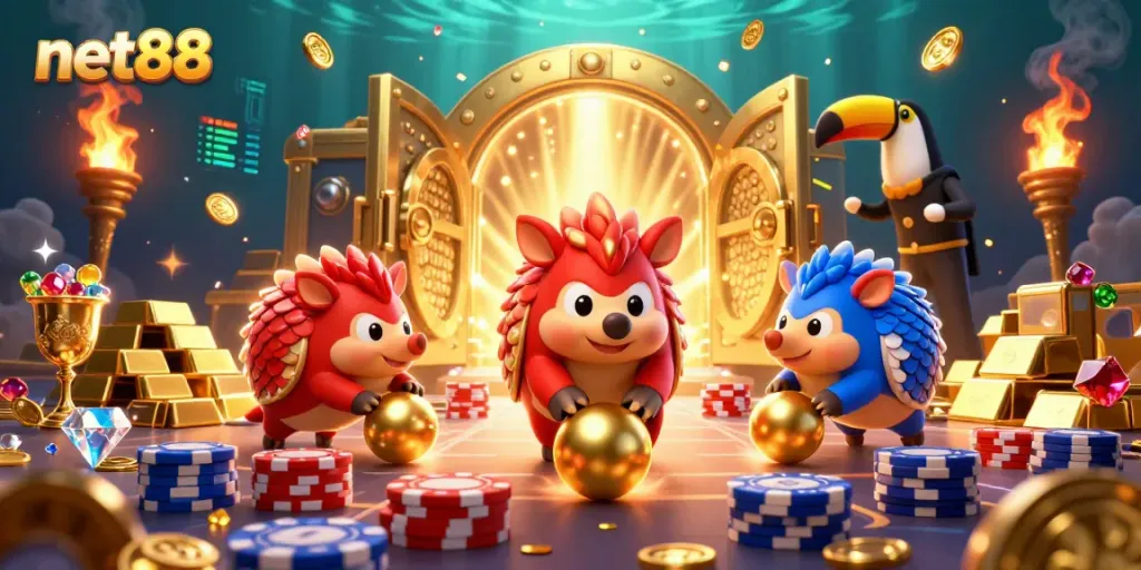 Experience net88's thrilling action with rival pangolins in a vibrant casino scene, celebrating victories.