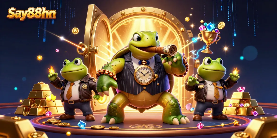 Sparkle and win at say88hn with a dynamic casino scene featuring cartoon turtle and bullfrog characters.