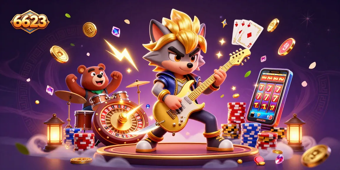 Exciting 6623 casino scene showcasing a wolf rock star playing guitar amidst dazzling game elements.