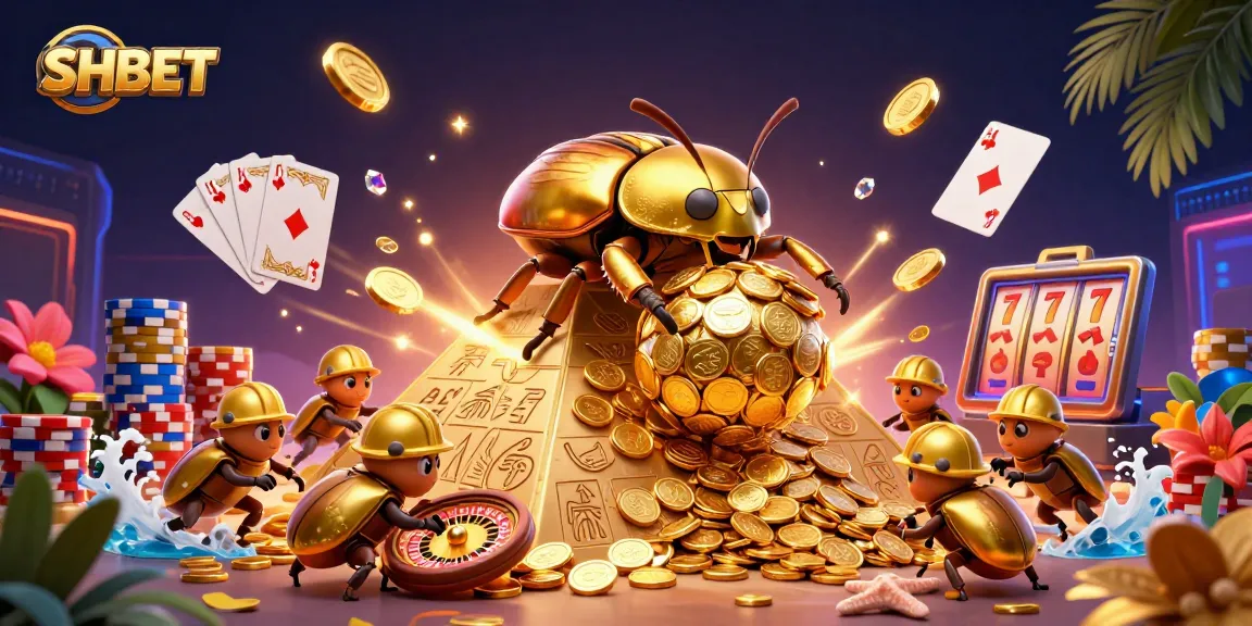 Engage with SHBET's thrilling casino games, featuring a golden beetle and exciting elements.