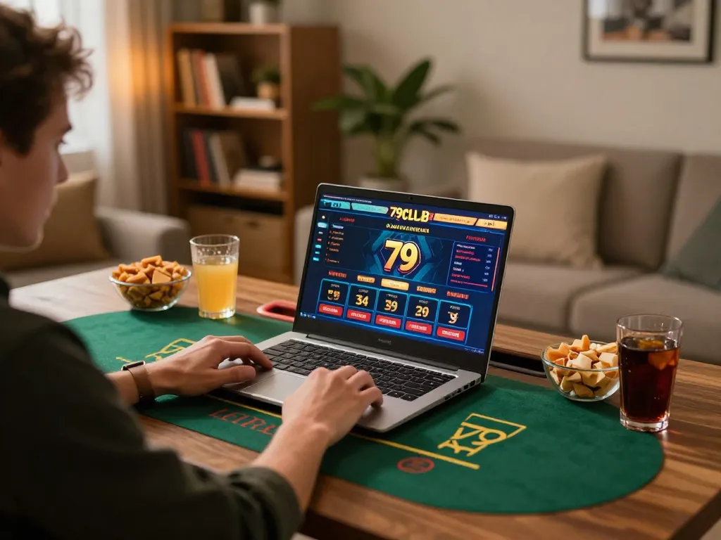 Player enjoying online casino games at 79club on a cozy laptop setup.