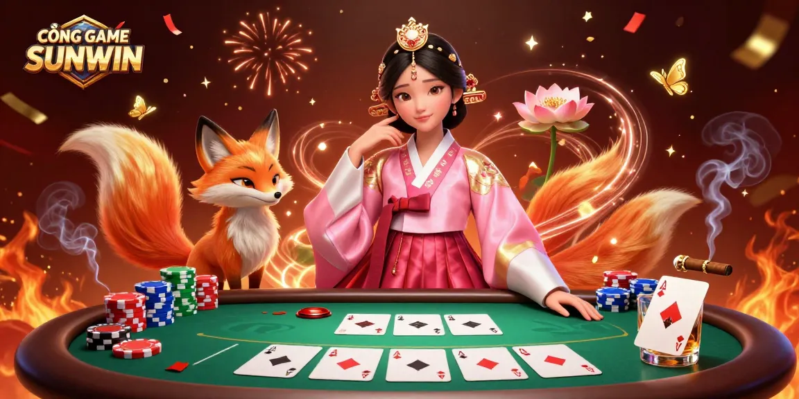 CỔNG GAME SUNWIN showcases vibrant casino gameplay with a luxurious Asian woman and lucky fox amidst poker elements.