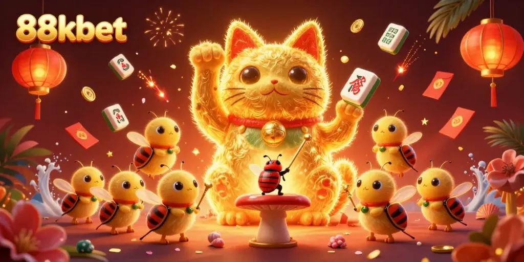 Experience exciting wins with the giant lucky cat and vibrant casino elements at 88kbet.