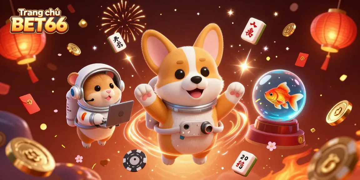 Engage in a vibrant scene at Trang chủ BET66 with a floating corgi and gold coins in a cinematic casino.