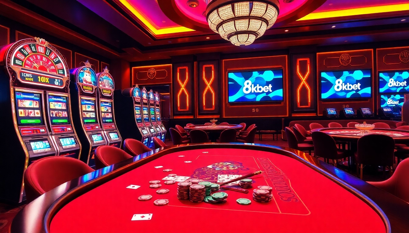 A vibrant casino scene highlighting the excitement of 8kbet with elegant tables and slot machines.