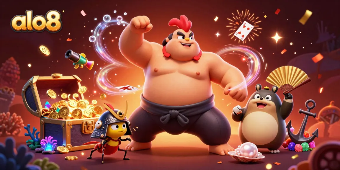 Engage with alo8 while exploring a dynamic scene featuring a powerful sumo rooster and fierce cricket amidst vibrant treasure elements and casino excitement.