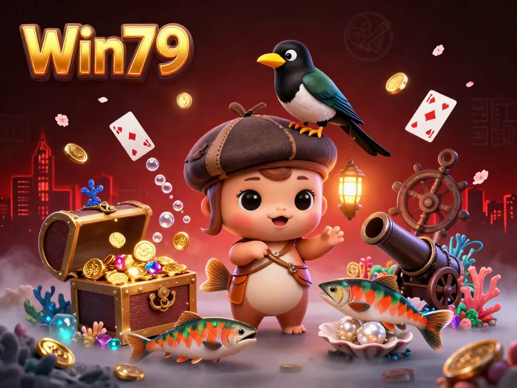Win79 offers exciting gaming with a vibrant casino scene featuring playful Nessie and treasures.