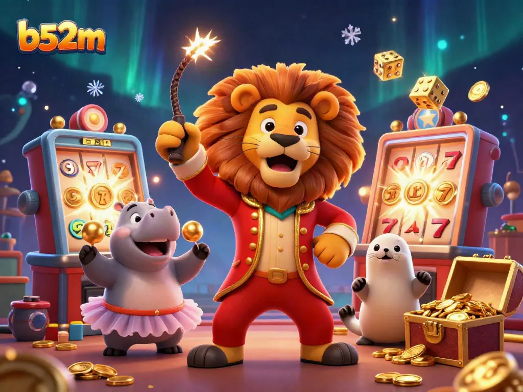 B52M casino illustration featuring a lion ringmaster and a juggling seal in an energized gambling scene.