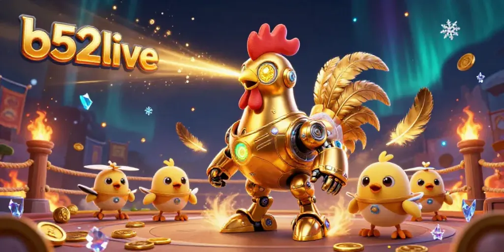Bet on b52live with vibrant 3D futuristic elements featuring golden rooster and baby chick drones.