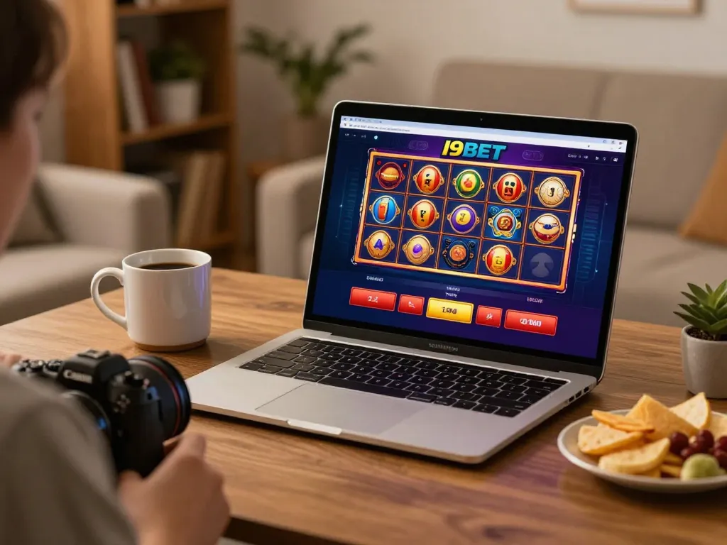 I9BET logo displayed on a laptop while enjoying online gambling in a cozy home setting.