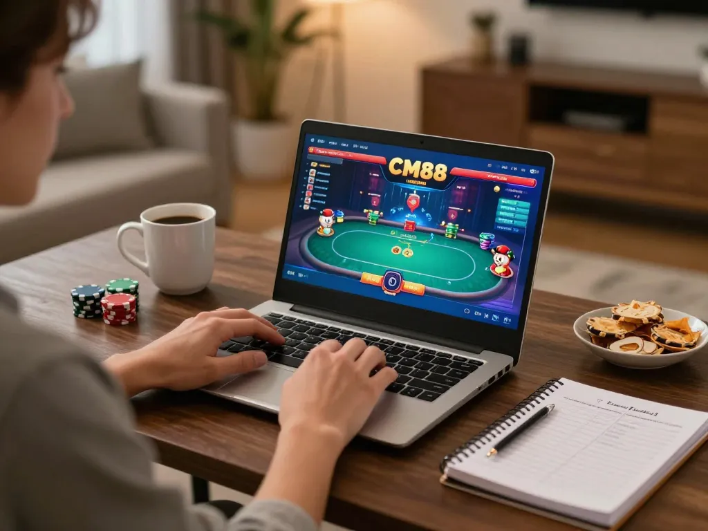Player enjoying poker at CM88's online casino in a cozy home setting.