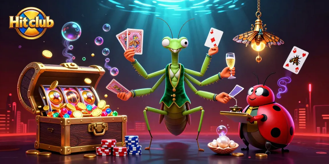 Experience the thrilling Hit club with a vibrant scene of a praying mantis card sharp and ladybug pit boss in a packed casino