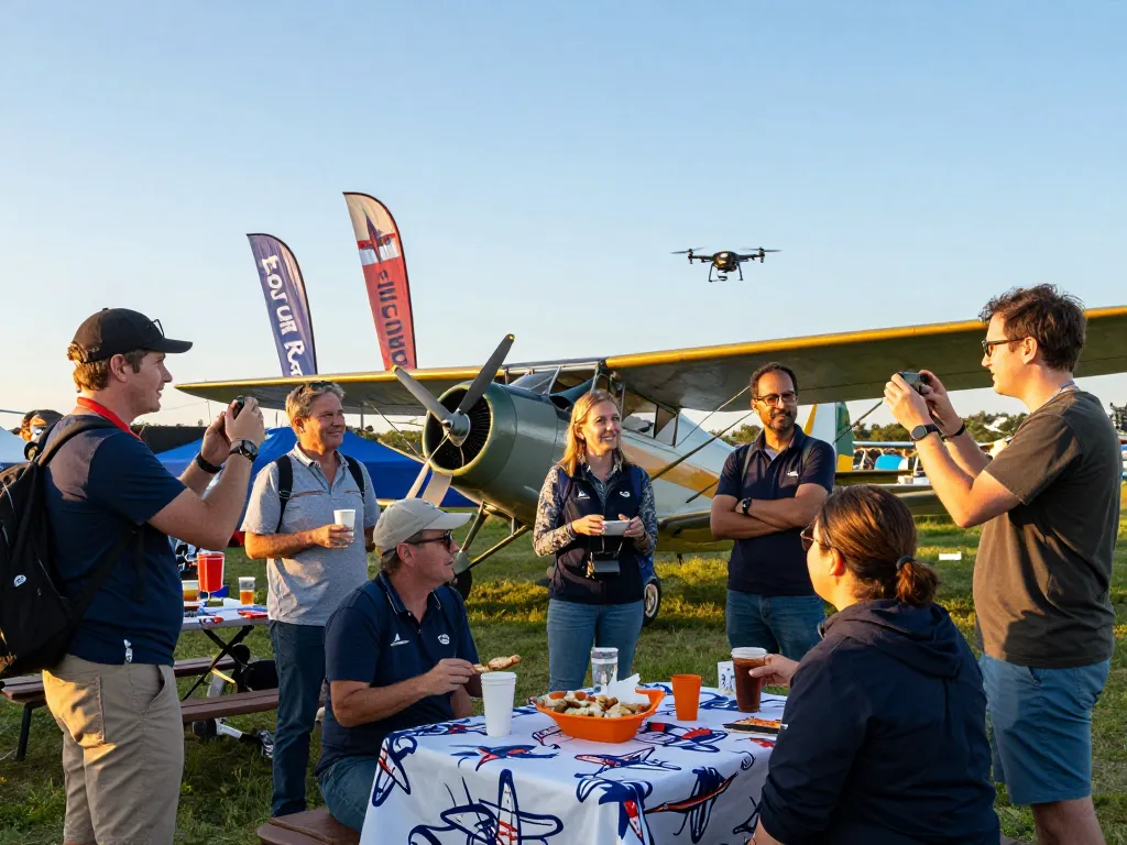 Group celebrating aviation at an outdoor Fly88 event with vintage aircraft.