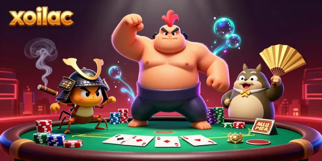Xoilac captures a sumo wrestler, cricket, and tanuki announcing amidst vibrant poker scene.