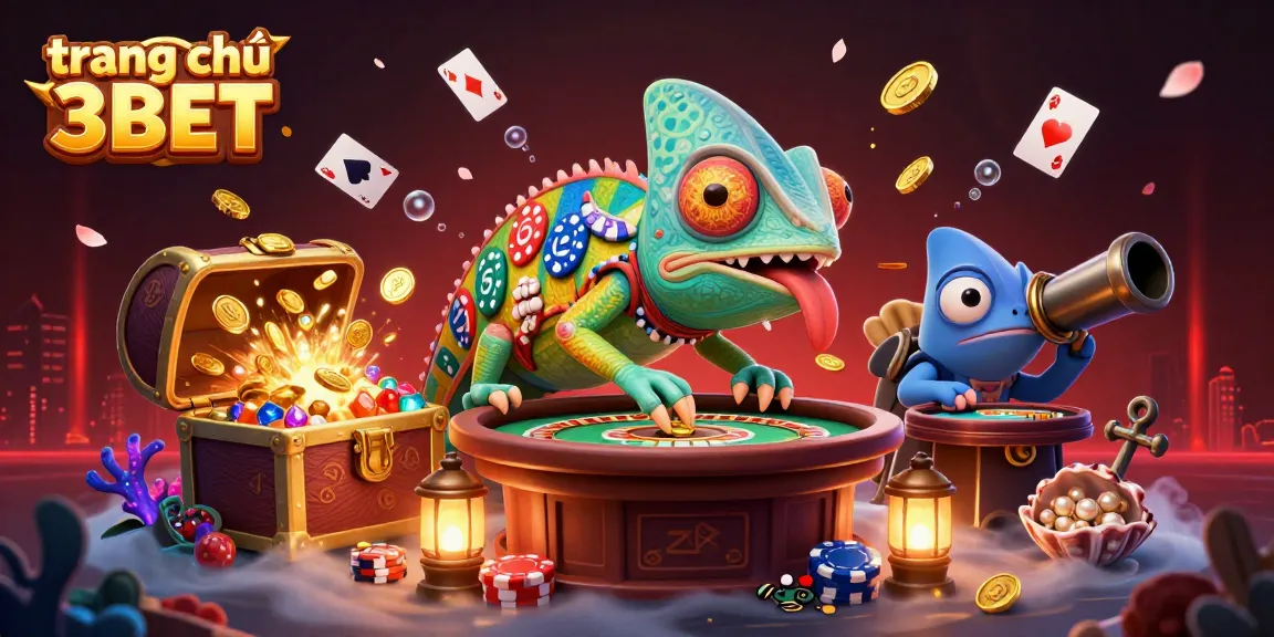 Experience the vibrant action of trang chủ 3BET with a dynamic chameleon casino owner capturing golden coins.