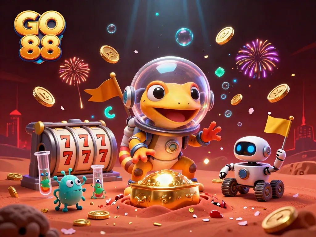 Experience GO 88 at a Mars-themed golden casino with vibrant slot reels and dynamic gameplay elements.