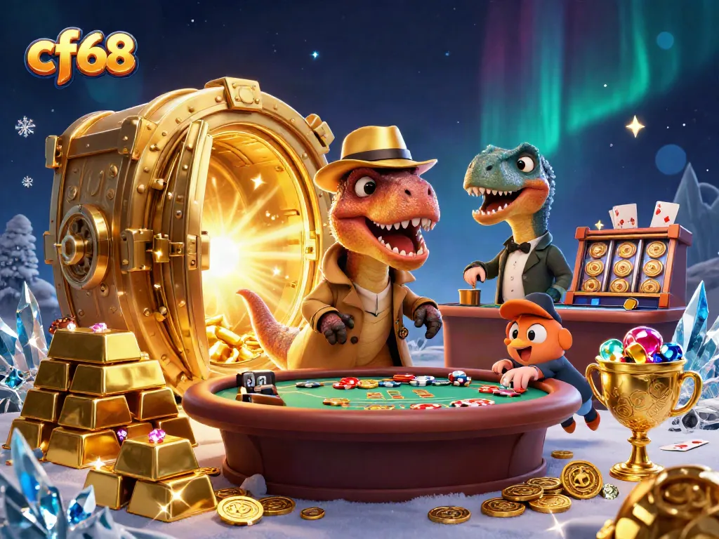 cf68 showcases a dynamic scene with cartoon dinosaurs at a blackjack table, capturing the thrill of gambling.
