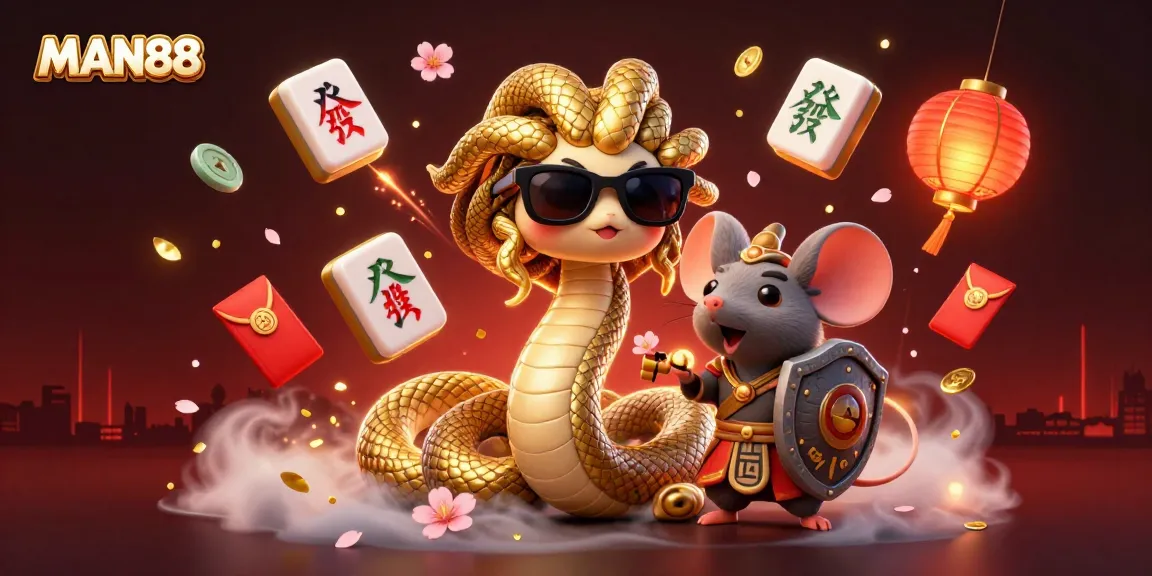 Engage with MAN88 through an enchanting 3D scene featuring Medusa and a warrior mouse amidst vibrant casino elements.