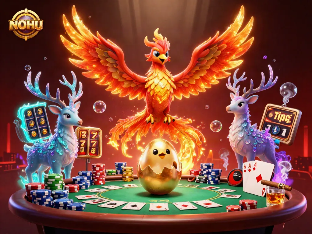 NOHU players immerse in vibrant slots scene featuring phoenix and stag among colorful casino elements.