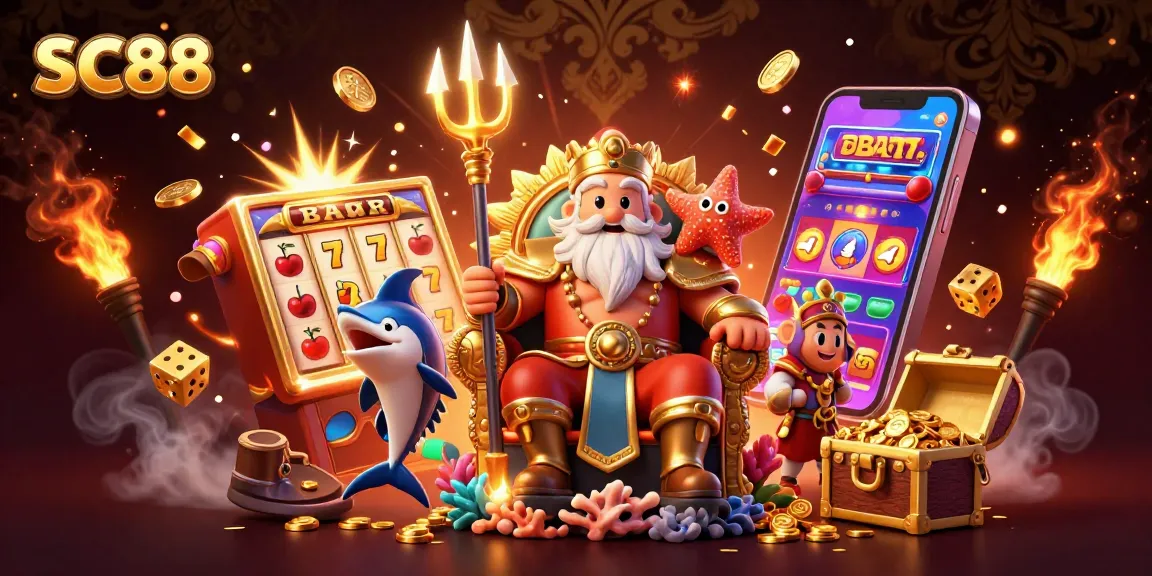 Experience the excitement of SC88 Casino with Neptune and samurai in a vibrant 3D scene.