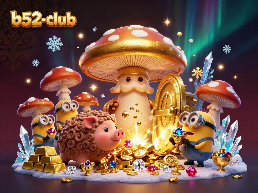 Immerse in the magical world of b52-club with a golden mushroom wizard, treasure, and vibrant gems.