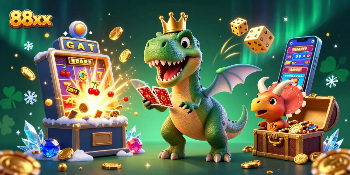Engage in thrilling 88xx gameplay featuring a cartoon T-Rex and friends amidst jackpot excitement.