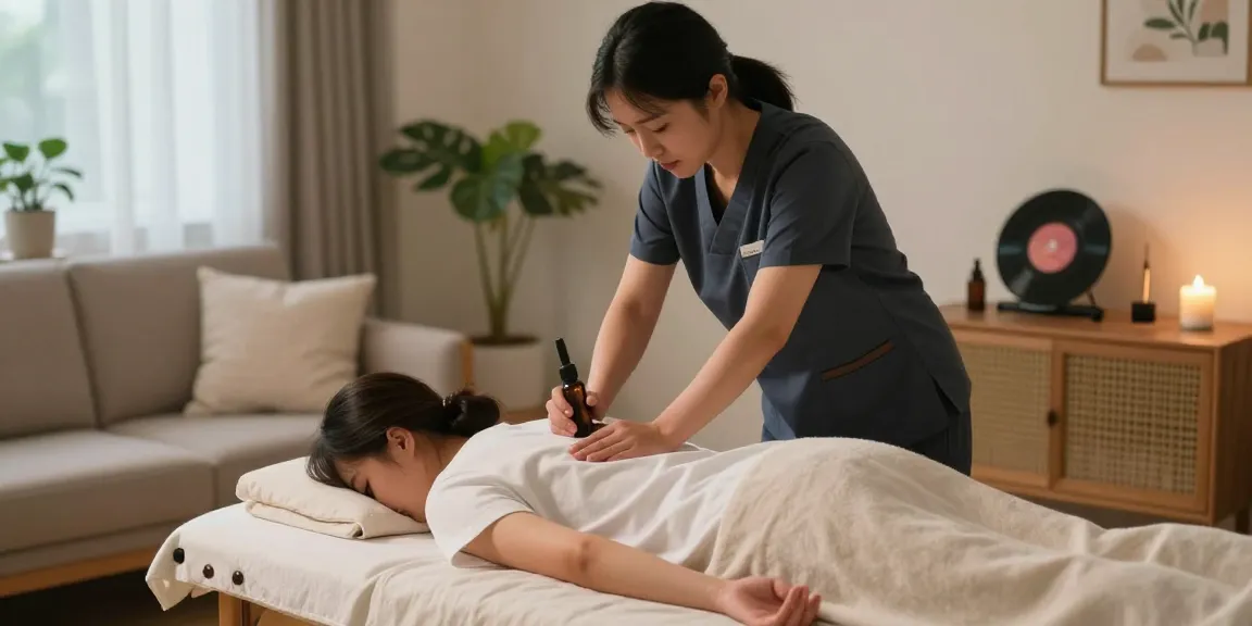 In-home massage therapy session for 일산출장안마, featuring a Korean therapist in a calming living room.