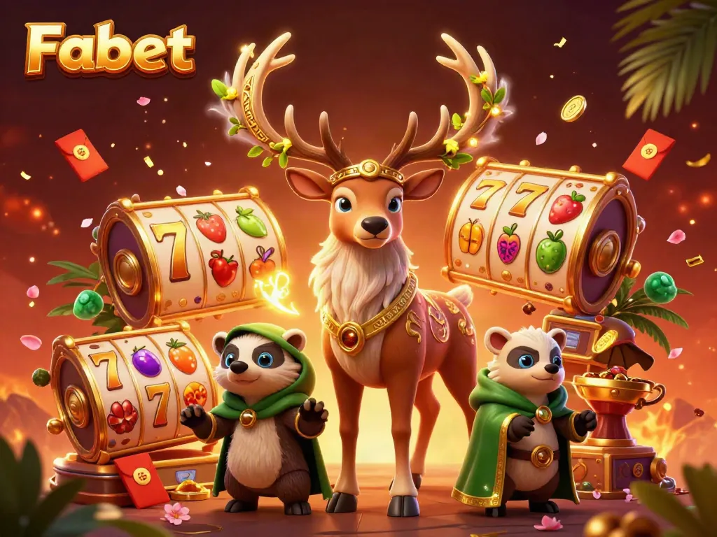 Engage with Fabet's casino world through vibrant joyful scenes showcasing thrilling slot reels and enchanting characters.